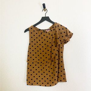 Yoana Baraschi Silk Polka Dot One Shoulder Ruffle Tank Black Polka Dot Tan Brown